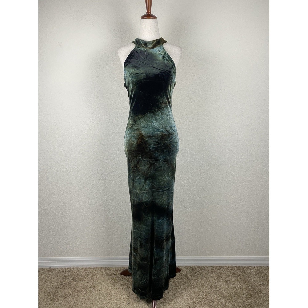 Vtg Y2k Helios 2 Maxi Evening Gown Velvet Green Halter Backless Whimsigoth S 90s - Picture 2 of 8